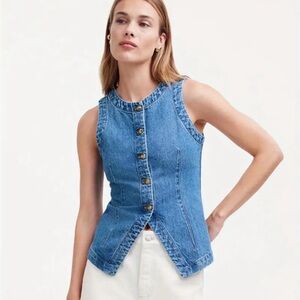Sleeveless Button-Front Denim Vest in Medium Blue